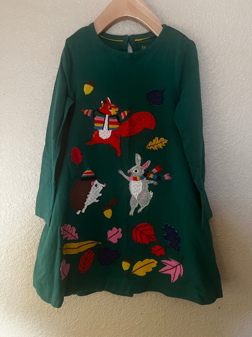 Girls Mini Boden Appliqué Long Sleeve Dress / Dark Green Fall Scene